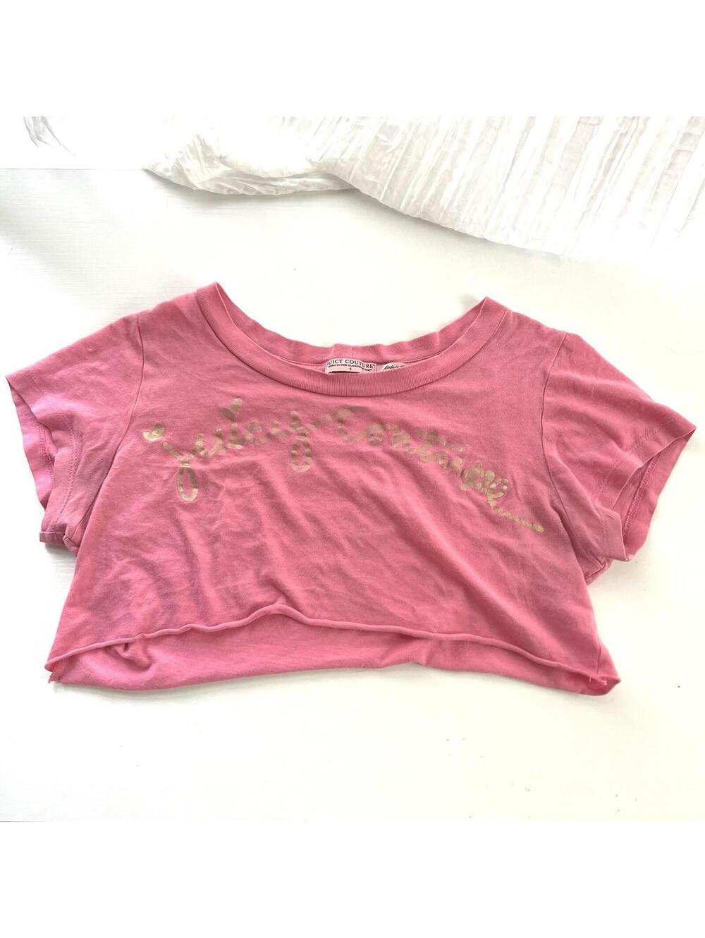 Vintage Juicy Couture Pink Cropped Graphic T-Shirt S Y2K McBling Raw Hem Peru